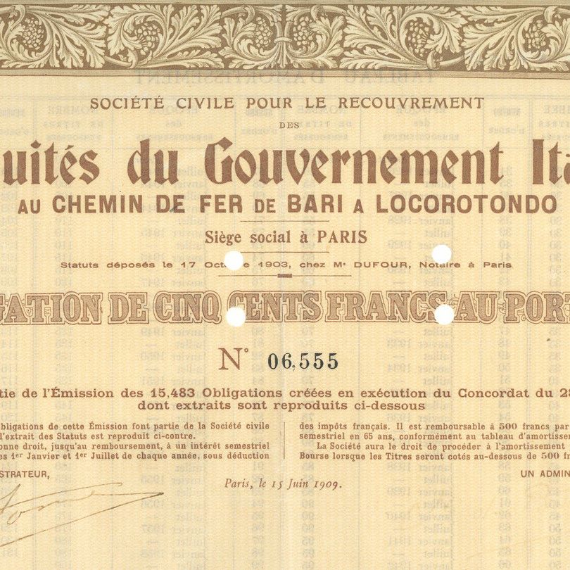 Italian bond issued in France to finance a railway in Italy